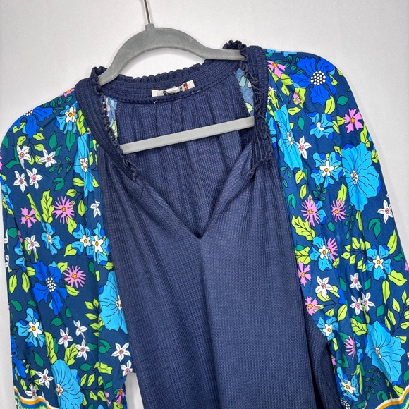 Umgee Waffle Blue Blouse Size XL Bright Floral Balloon Sleeve Navy Boho - Picture 3 of 9
